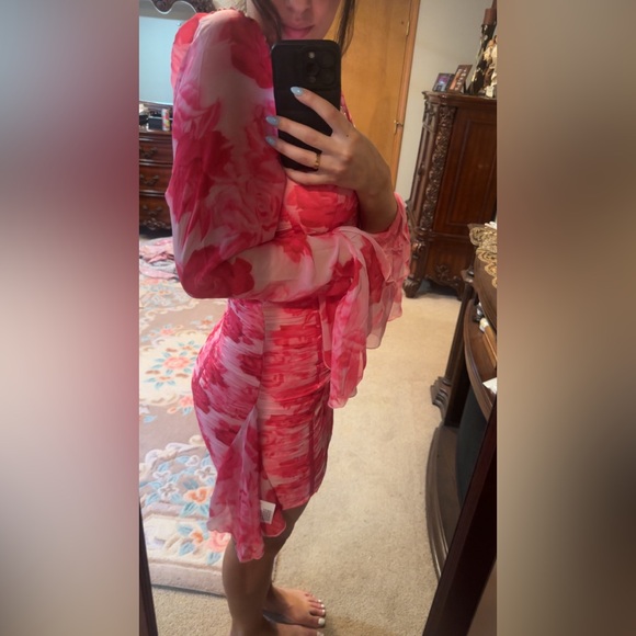 ASOS LUXE chiffon ruched corset long sleeve mini dress in pink floral - Picture 3 of 14